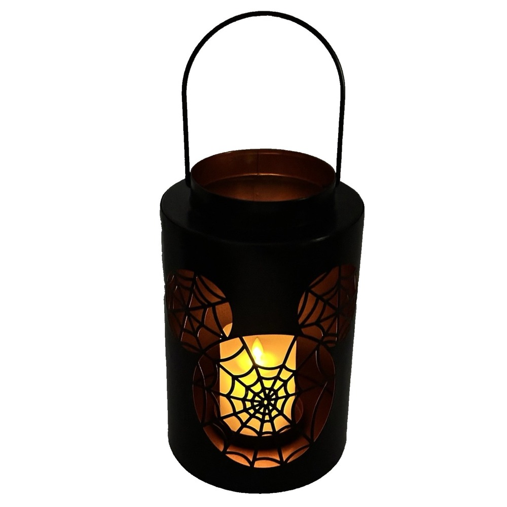 Disney Halloween Metal Lantern Mickey Spiderweb Cutout Black LED Holder NEW